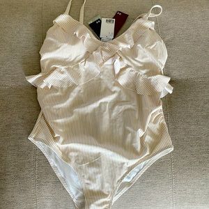H&M MATERNITY bathing suit NWT and hygienic liner. Off white with beige stripes